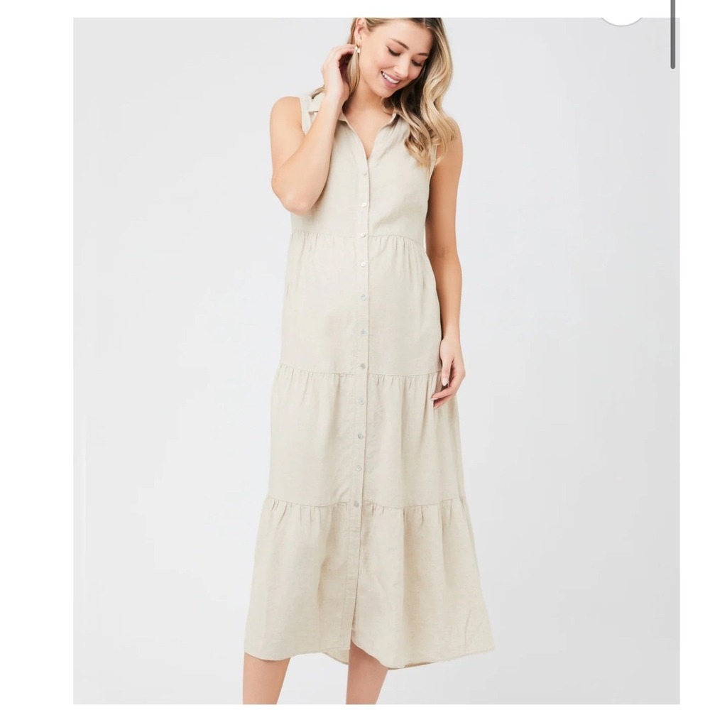 Ripe Maternity Tracy Tiered Linen Blend Dress Tan Sleeveless Midi Medium